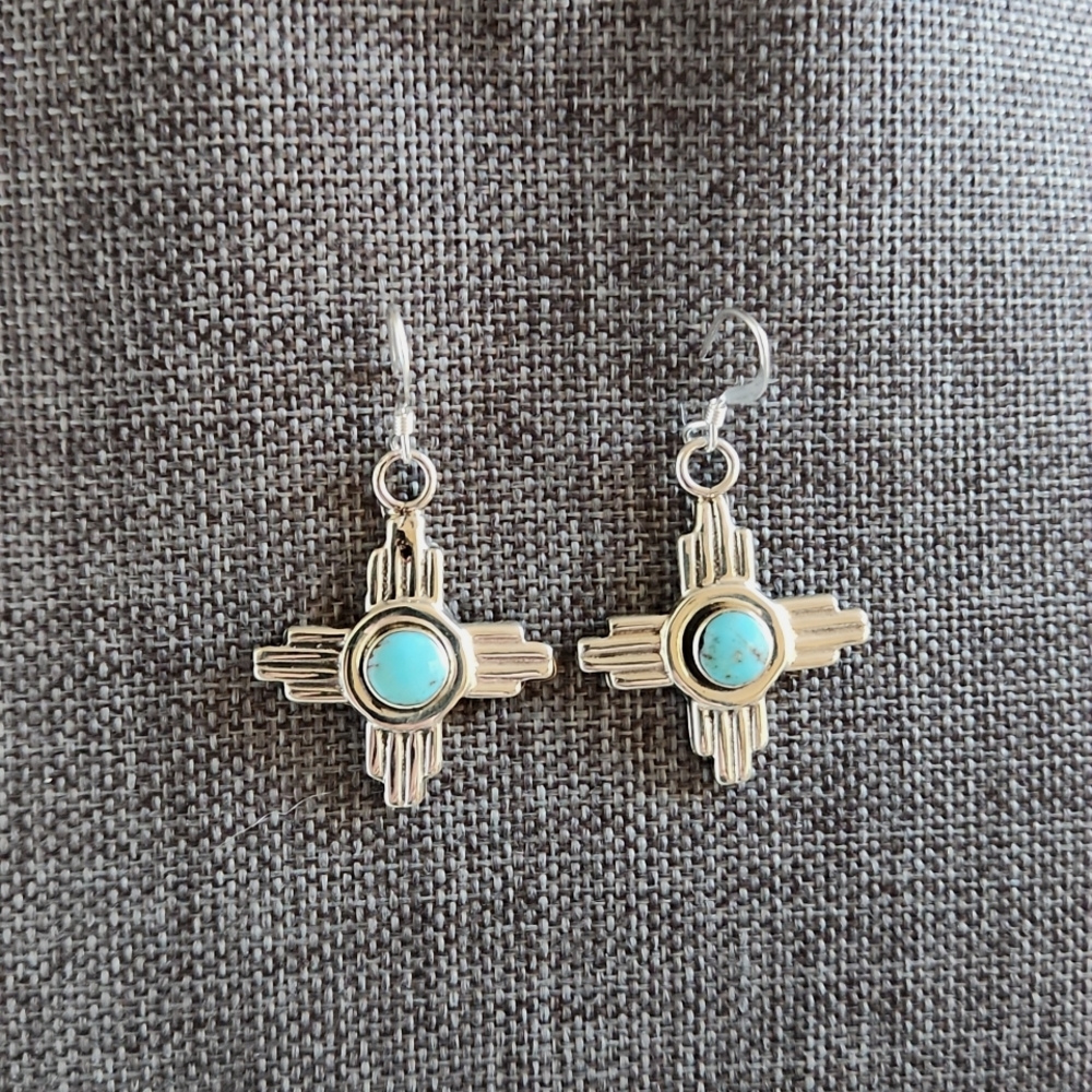 NWOT Native American Navajo Turquoise & Sterling Zia Sun Dangle Earrings 🩵🌞🩶 - Picture 2 of 11